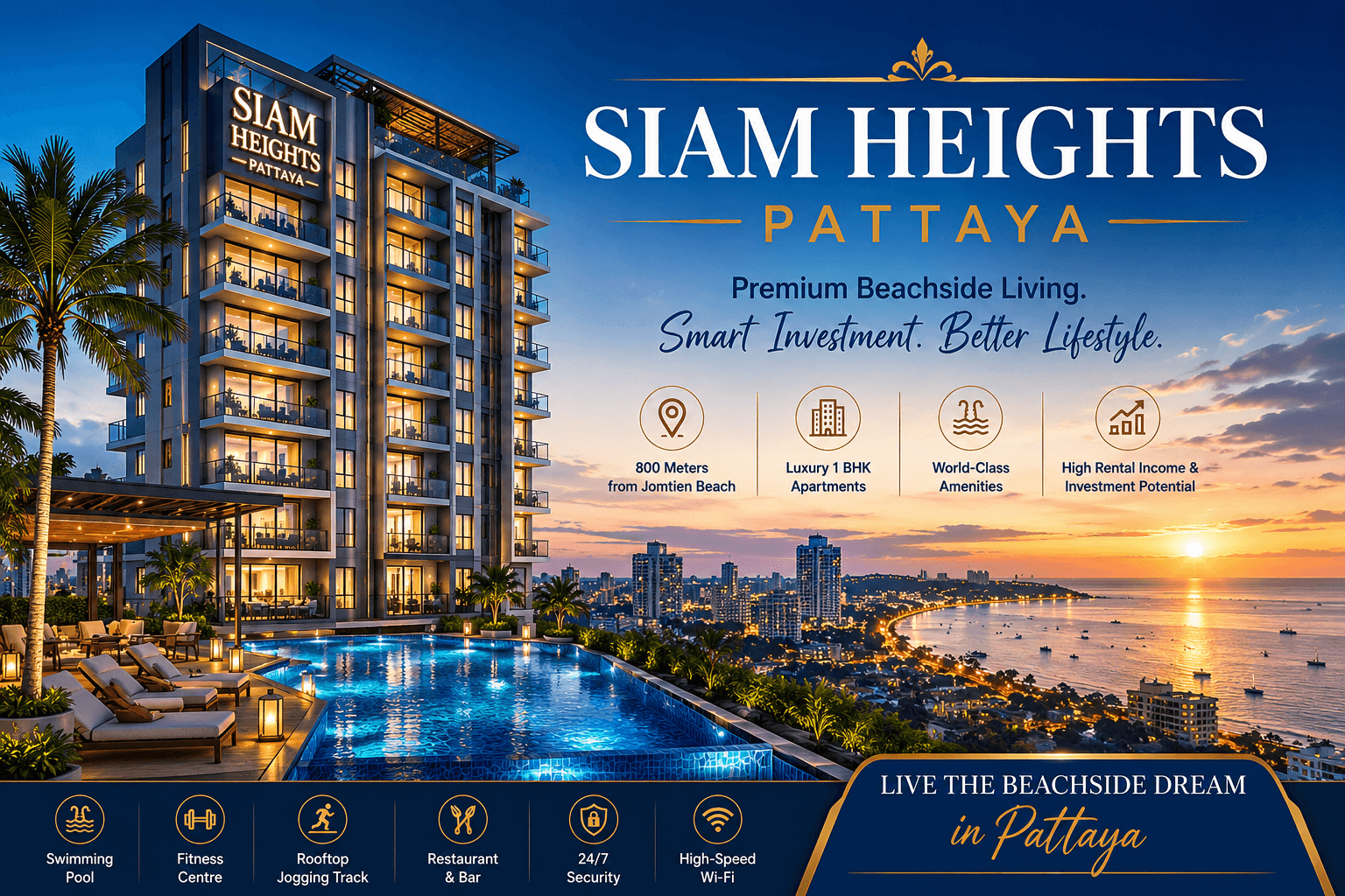Siam Heights Pattaya luxury beachside apartment project with premium residences, swimming pool, and panoramic sea views near Jomtien Beach, Thailand