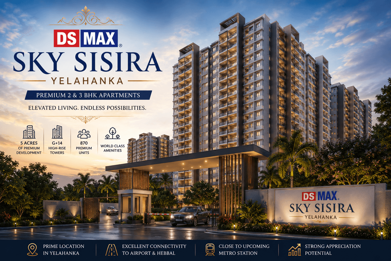 DS MAX Sky Sisira Yelahanka premium 2 and 3 BHK apartment project with modern high-rise towers and lifestyle amenities in Yelahanka