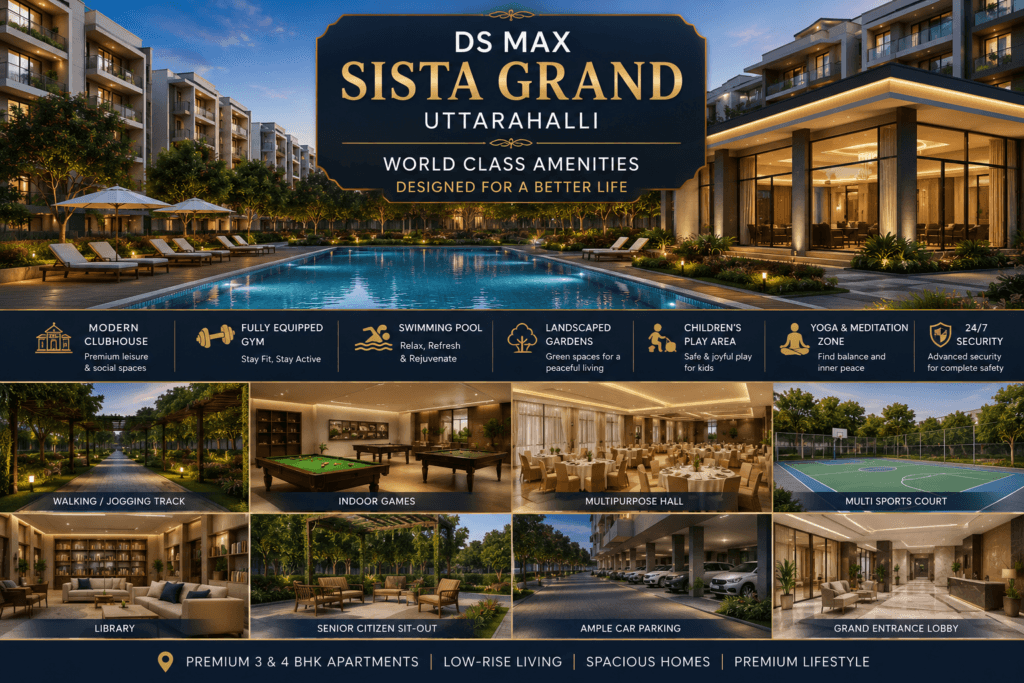 DS Max Sista Grand Uttarahalli world class amenities image featuring clubhouse, swimming pool, gym, landscaped gardens, and lifestyle facilities