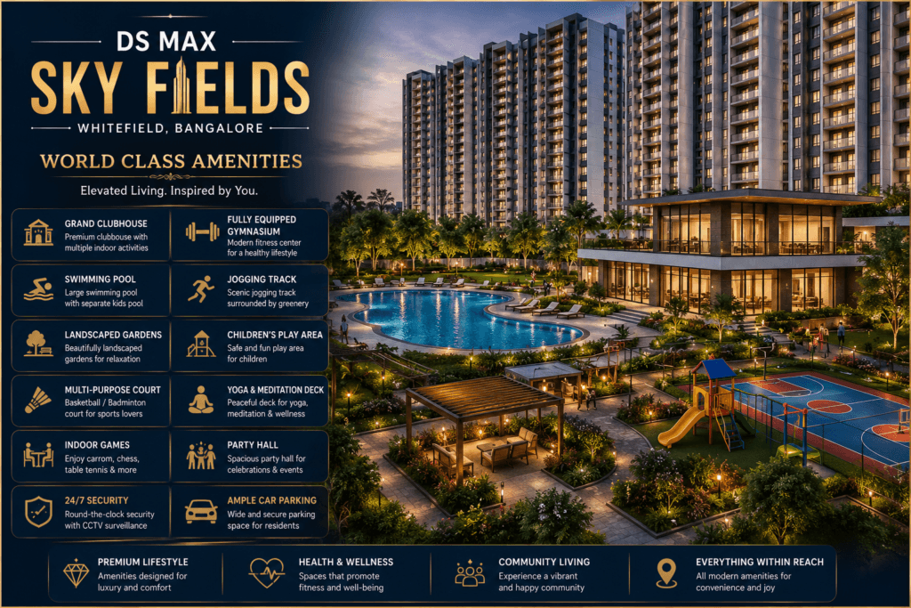 DS MAX Sky Fields Whitefield world class amenities including swimming pool clubhouse gym landscaped gardens and premium lifestyle facilities