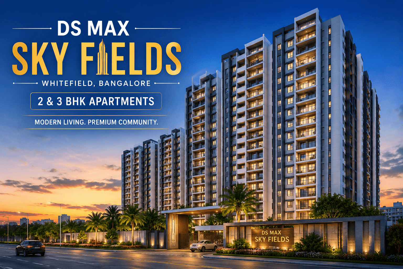 DS MAX Sky Fields Whitefield premium high-rise apartment towers with modern architecture and luxury residential community in East Bangalore