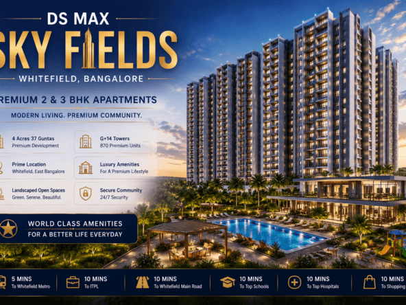 DS MAX Sky Fields Whitefield premium 2 and 3 BHK apartments with modern towers luxury amenities and landscaped community living in Bangalore