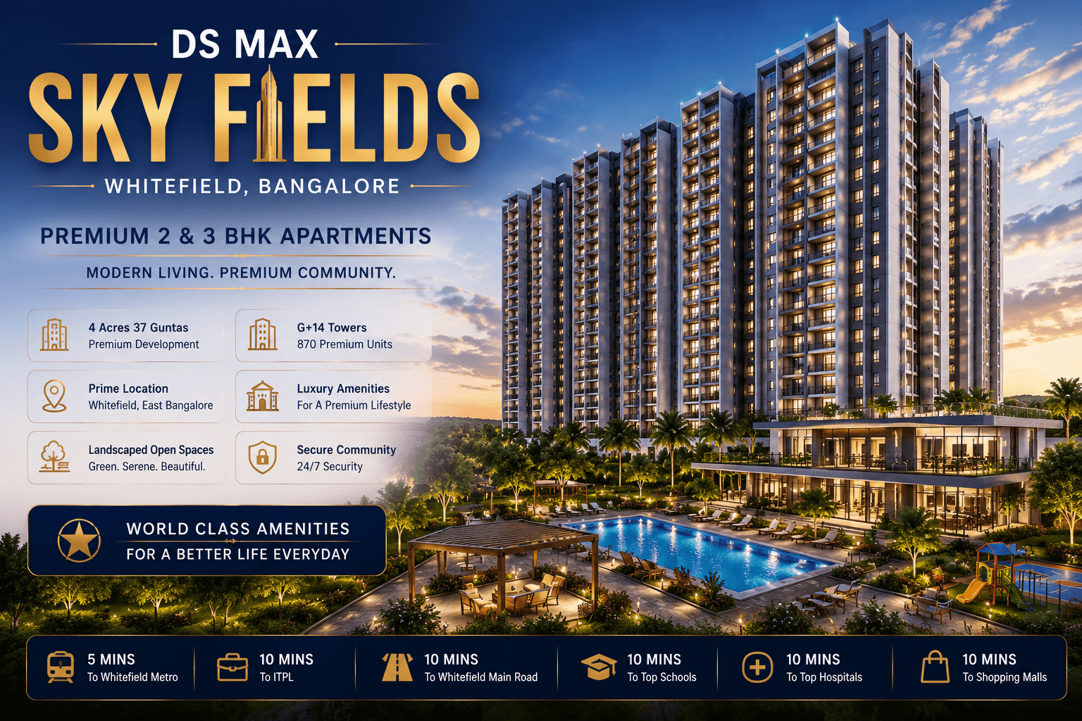 DS MAX Sky Fields Whitefield premium 2 and 3 BHK apartments with modern towers luxury amenities and landscaped community living in Bangalore