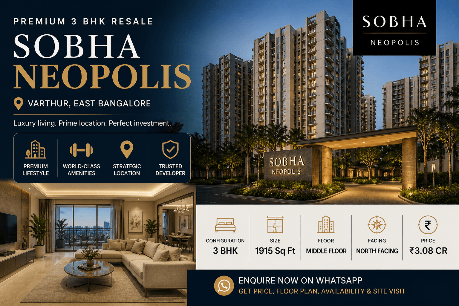 Sobha Neopolis 3 BHK Resale Varthur 3 BHK luxury apartment exterior with high-rise towers in East Bangalore