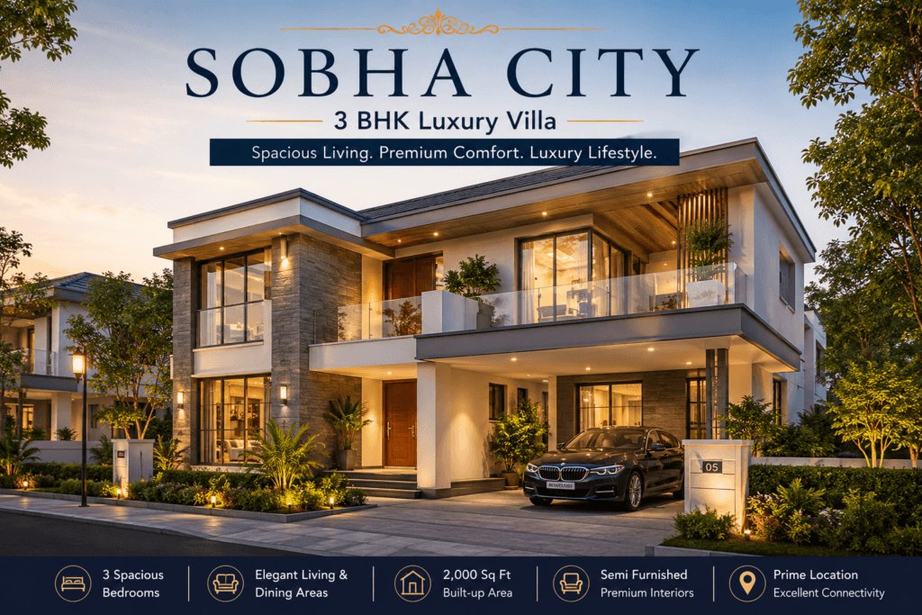 Sobha City Bangalore 3 BHK luxury semi-furnished villa with modern architecture, spacious layout, premium interiors, and elegant villa living