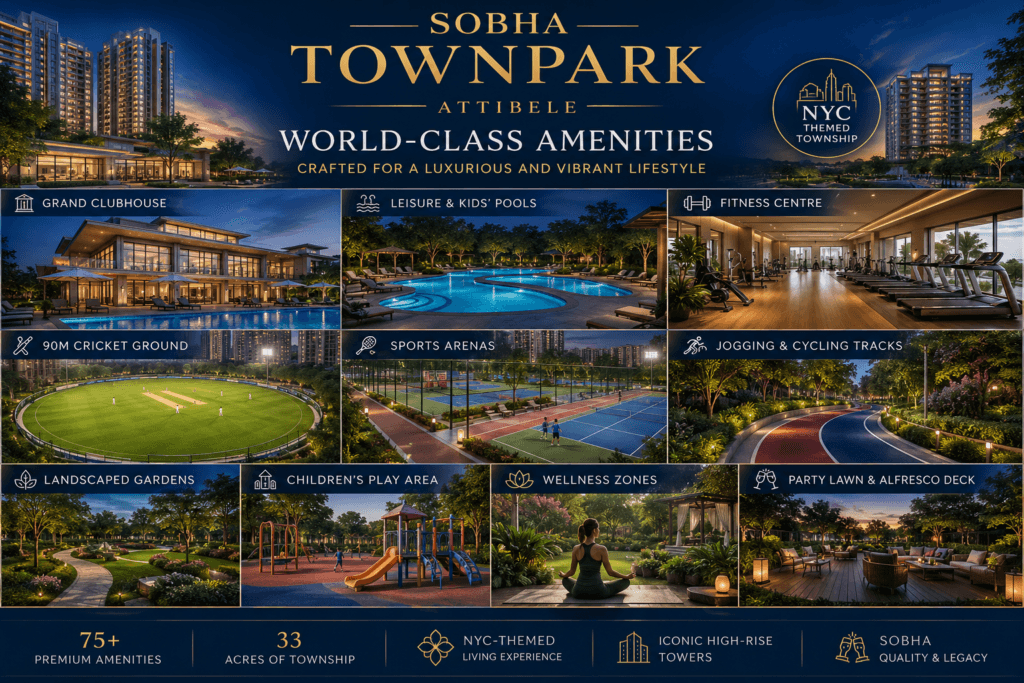 World-class amenities at Sobha Townpark including clubhouse, swimming pool, fitness centre, sports arena, landscaped gardens, and cricket ground
