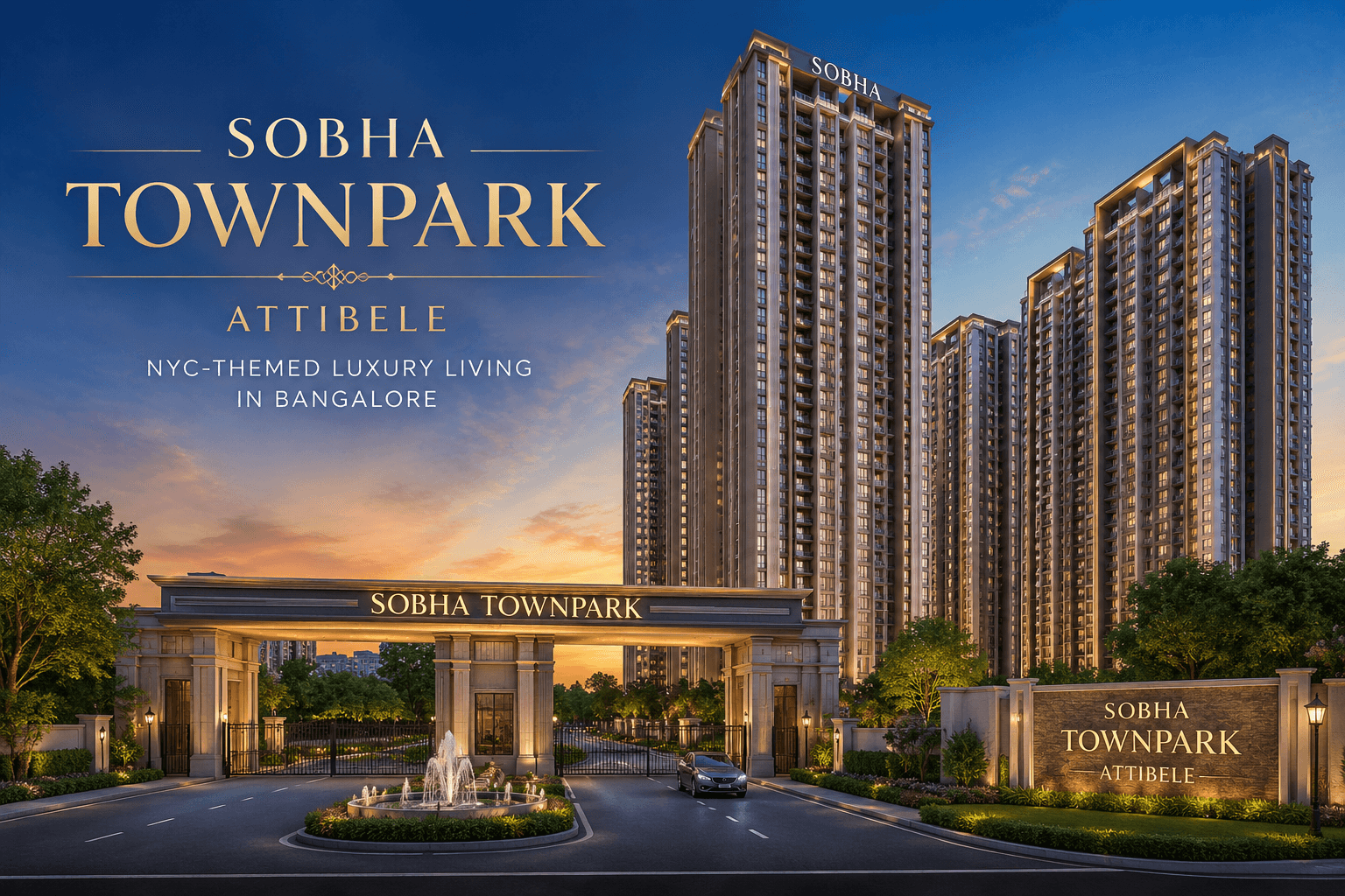 Premium residential towers and grand entrance of Sobha Townpark in Attibele with NYC-inspired luxury township design