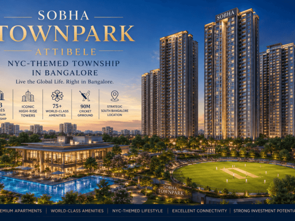 Luxury high-rise towers at Sobha Townpark with clubhouse, swimming pool, landscaped gardens, and cricket ground in Bengaluru