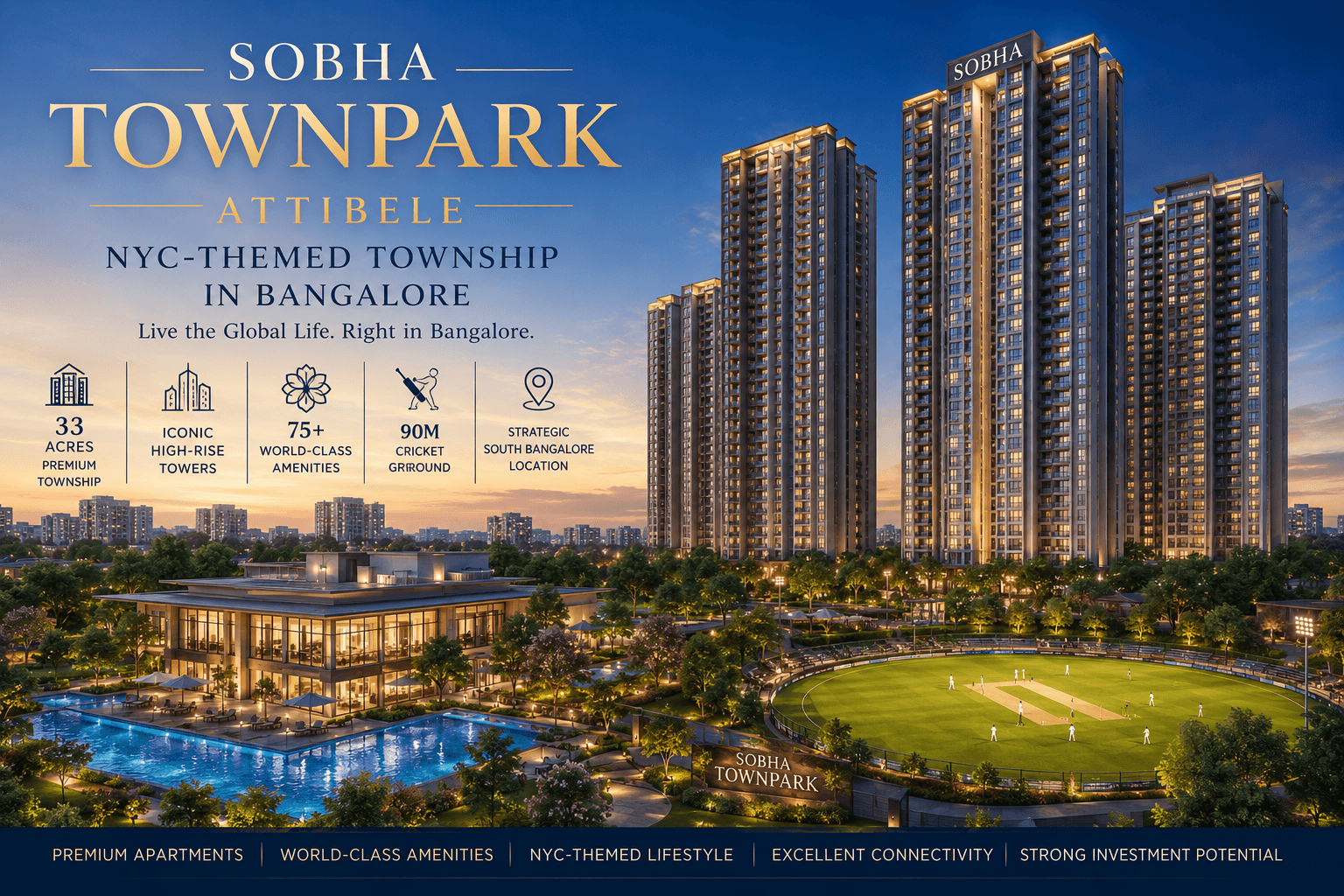 Luxury high-rise towers at Sobha Townpark with clubhouse, swimming pool, landscaped gardens, and cricket ground in Bengaluru