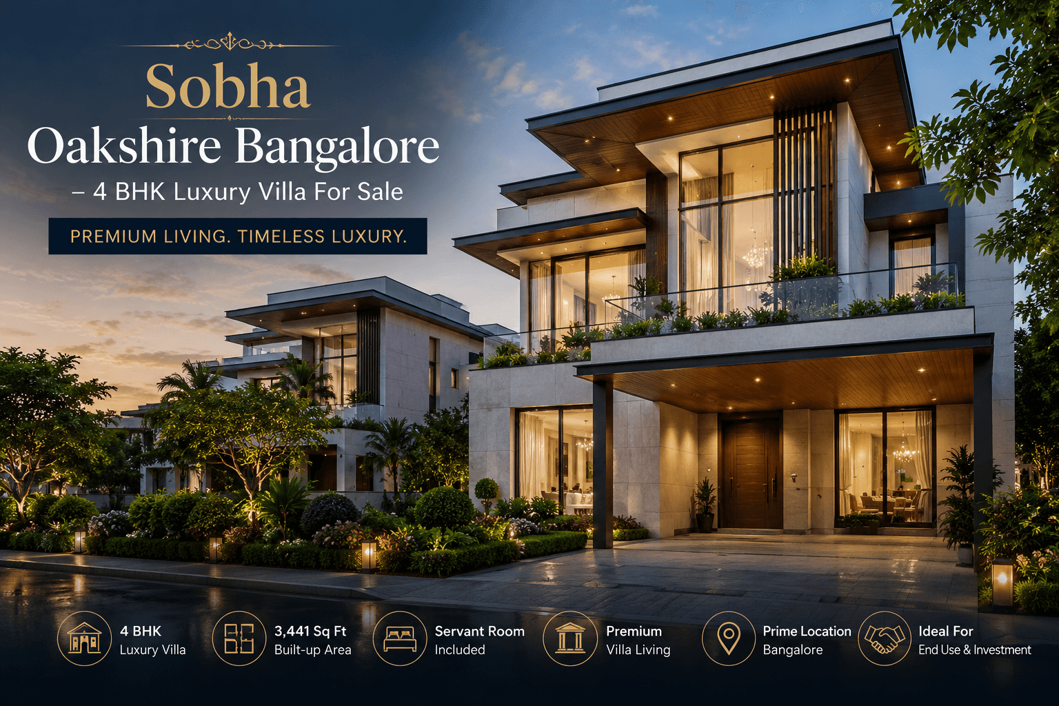Sobha Oakshire Bangalore 4 BHK luxury villa for sale featured image with premium modern villa elevation and spacious luxury living design