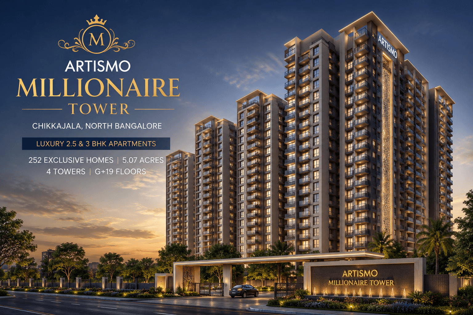 Artismo Millionaire Tower Chikkajala showcasing elegant residential towers with spacious 2.5 and 3 BHK luxury apartments, premium façade design, and exclusive low-density living in North Bangalore.