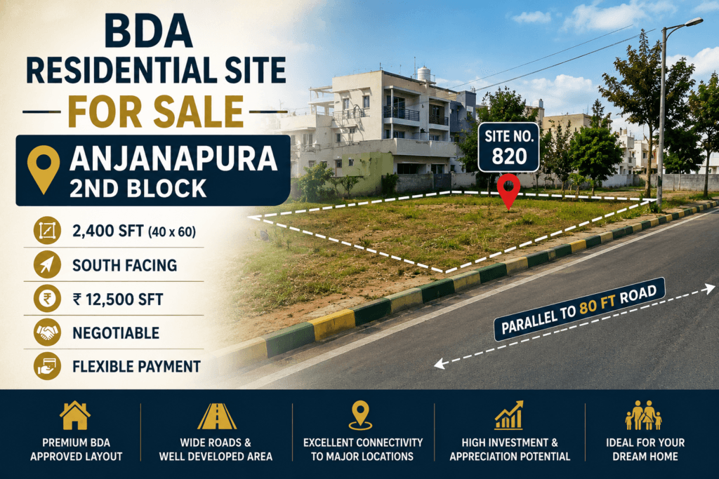 BDA Residential Site for Sale in Anjanapura 2nd Block Bangalore – 2400 Sq Ft South-Facing Plot, Site No. 820, Located Parallel to 80 Ft Road with Premium Residential Surroundings