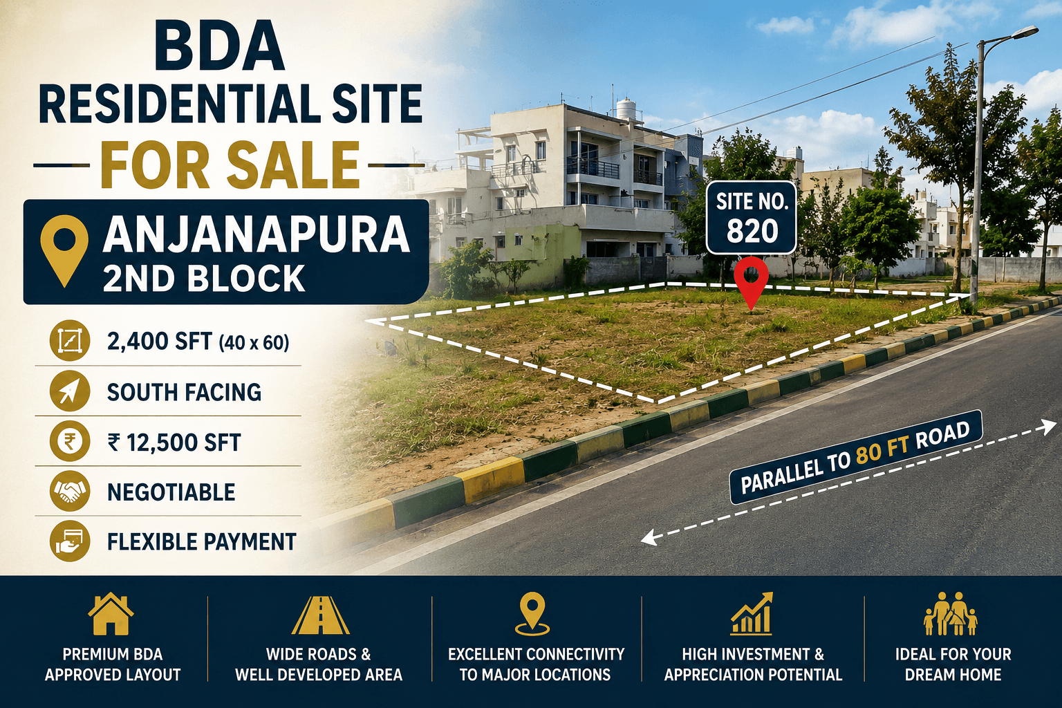 BDA Residential Site for Sale in Anjanapura 2nd Block Bangalore featuring a premium vacant residential plot with wide internal roads, developed neighborhood, modern homes, and lush green surroundings in South Bangalore.