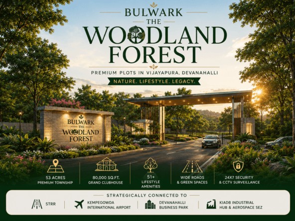 Bulwark The Woodland Forest premium plotted township entrance in Vijayapura Devanahalli North Bangalore with landscaped roads, green surroundings and modern infrastructure