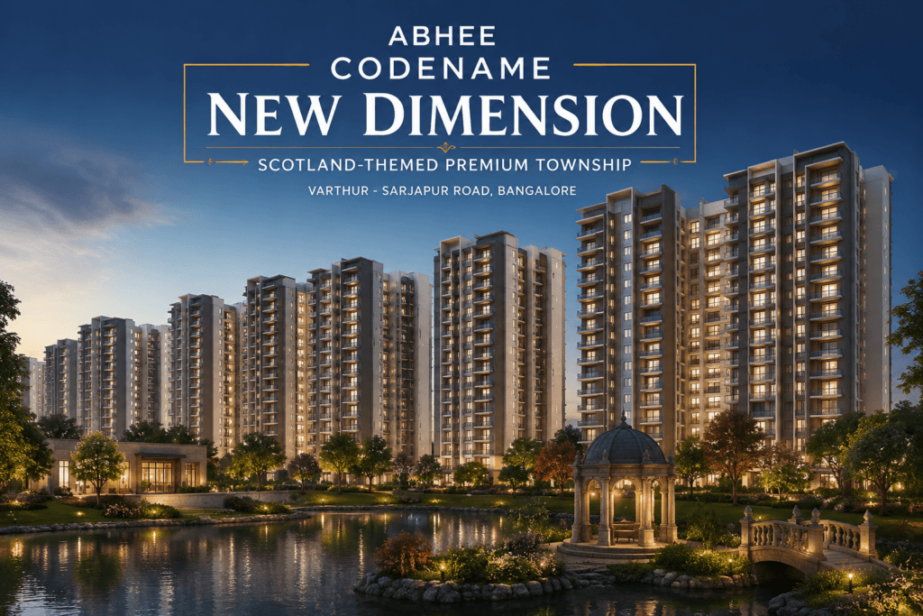 Abhee Codename New Dimension premium apartment towers overlooking landscaped open spaces and lake views in East Bangalore
