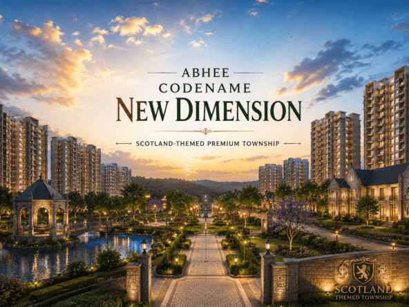Abhee Codename New Dimension Scotland-themed luxury residential township with premium high-rise apartments, landscaped gardens, clubhouse, and man-made lake on Varthur Sarjapur Road Bangalore