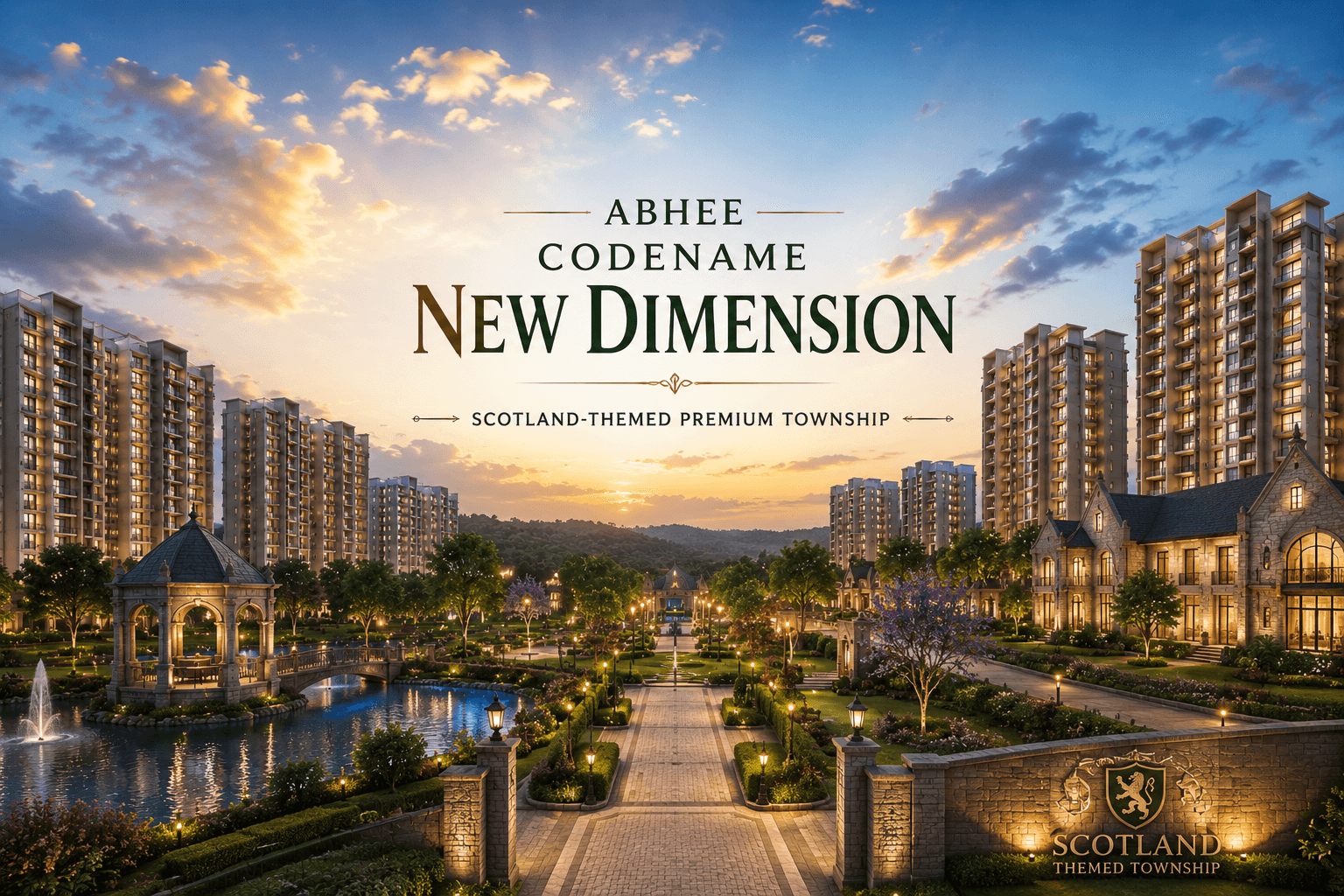 Abhee Codename New Dimension Scotland-themed luxury residential township with premium high-rise apartments, landscaped gardens, clubhouse, and man-made lake on Varthur Sarjapur Road Bangalore