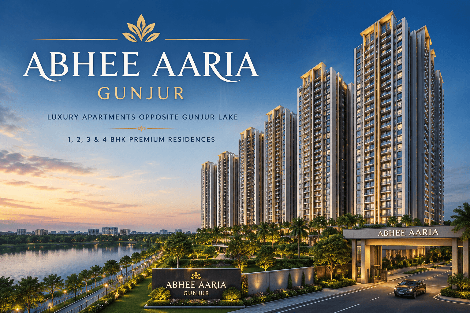 Abhee Aaria Gunjur premium residential towers with lake views and luxury apartments in East Bangalore