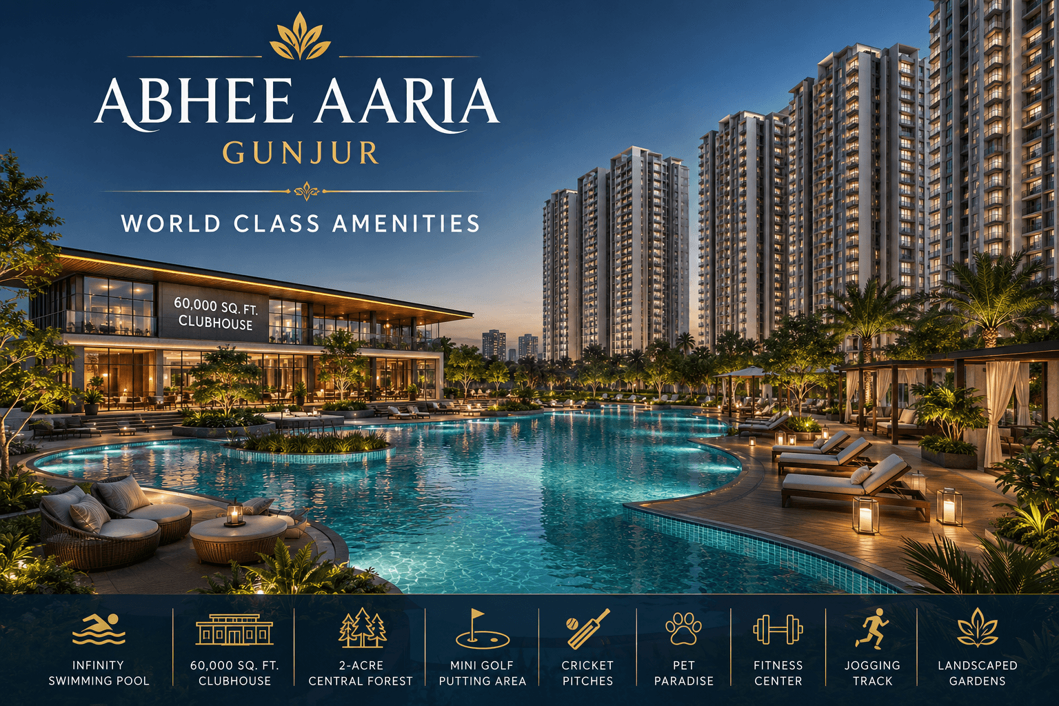 Abhee Aaria Gunjur world class amenities featuring clubhouse swimming pool central forest and lifestyle facilities