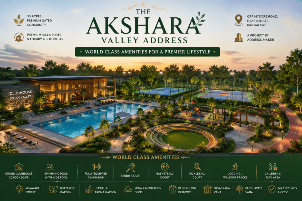 World-class amenities at The Akshara Valley Address featuring clubhouse, swimming pool, sports courts, landscaped gardens, and recreational facilities.