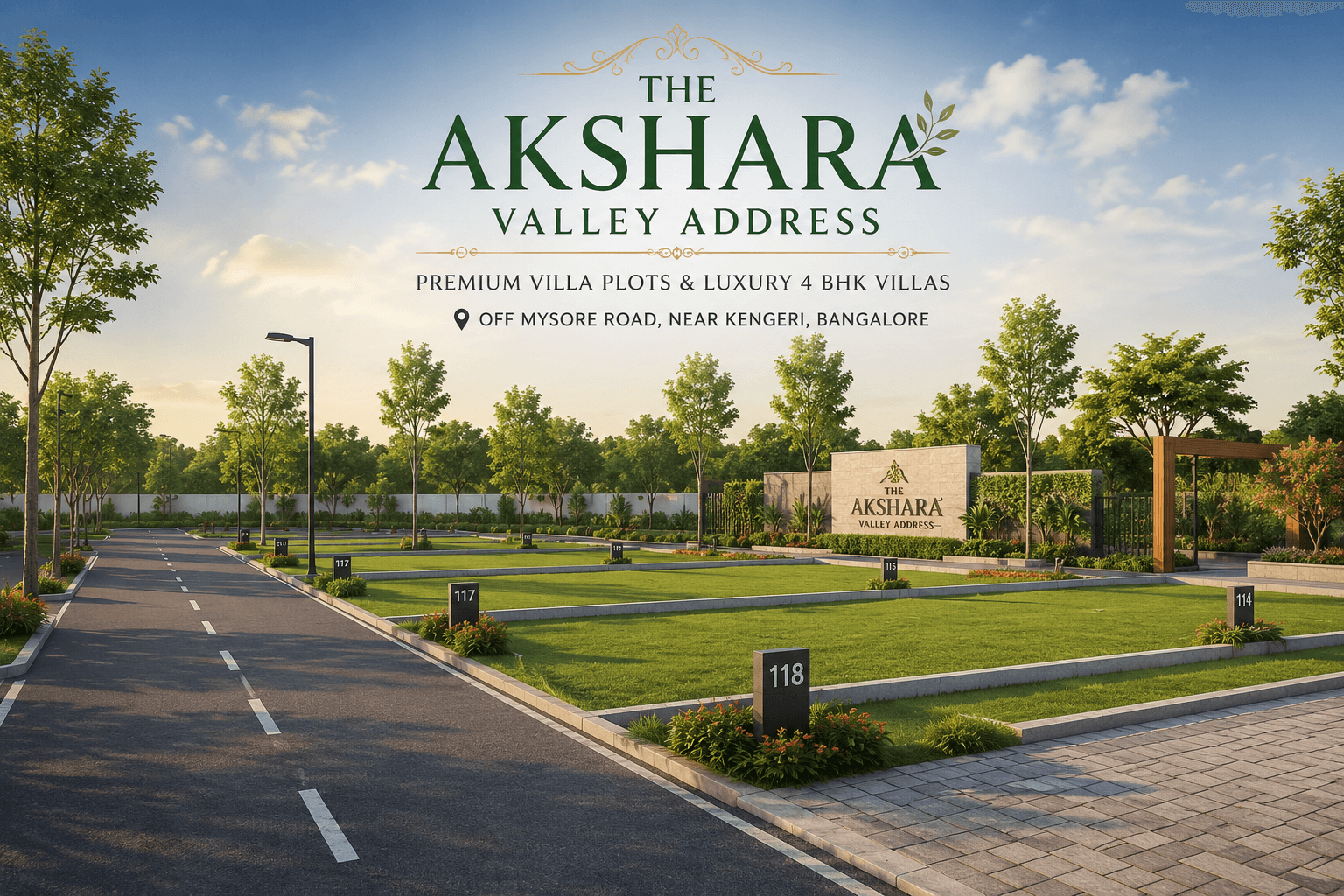 The Akshara Valley Address premium villa plots with landscaped roads, green open spaces, and gated community infrastructure near Kengeri, Bangalore.