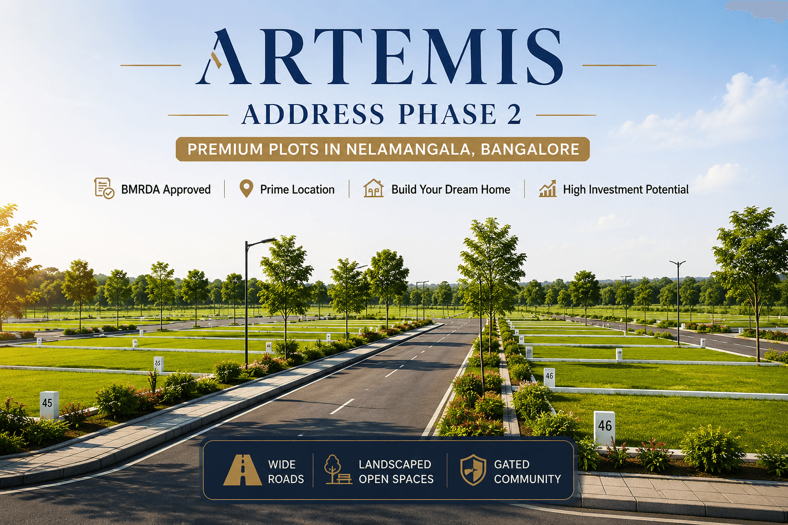 Artemis Address Phase 2 plots in Nelamangala Bangalore with wide internal roads, landscaped open spaces, and premium residential plots.