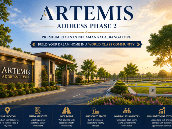Artemis Address Phase 2 premium plotted development in Nelamangala Bangalore featuring grand entrance, landscaped roads, and BMRDA-approved residential plots.