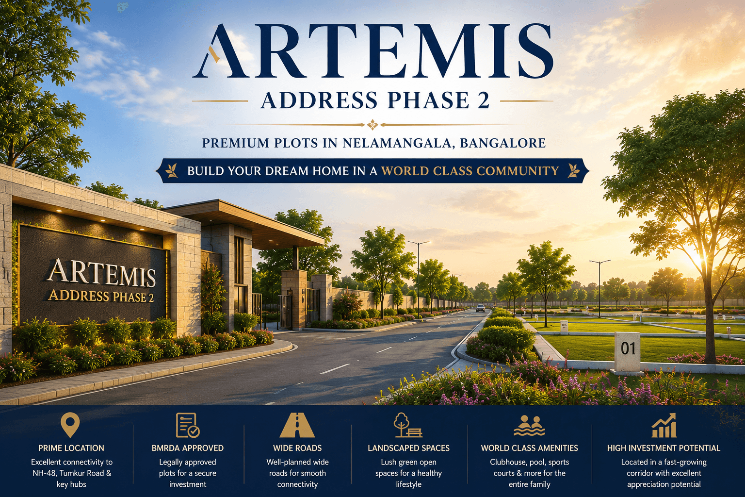 Artemis Address Phase 2 premium plotted development in Nelamangala Bangalore featuring grand entrance, landscaped roads, and BMRDA-approved residential plots.