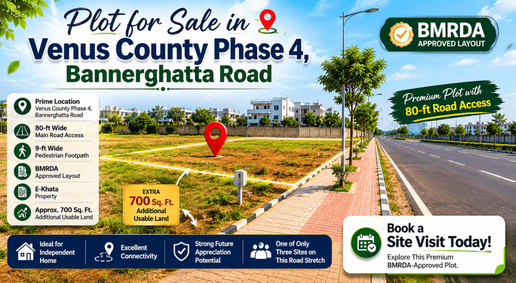 Plot for Sale in Venus County Phase 4, on Bannerghatta Road featuring BMRDA approval, E-Khata, 80-ft road access, extra usable land, and excellent future appreciation potential.