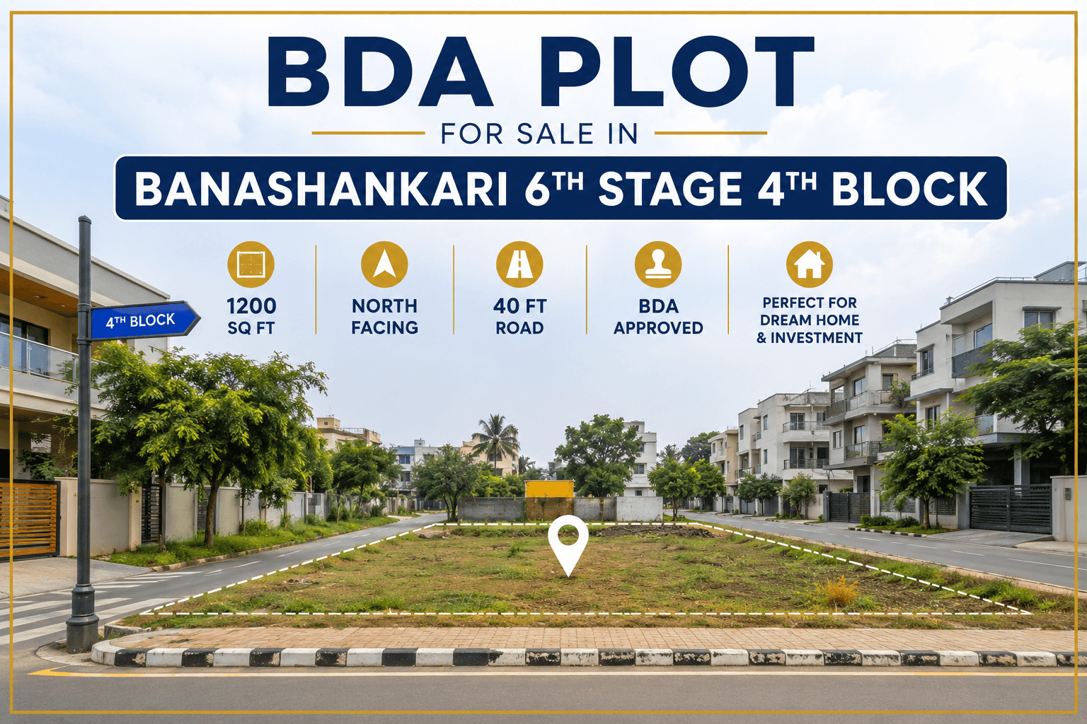 BDA Plot for Sale in Banashankari 6th Stage 4th Block, Bangalore – 1200 sq ft north-facing residential plot on a 40-ft road with BDA approval.