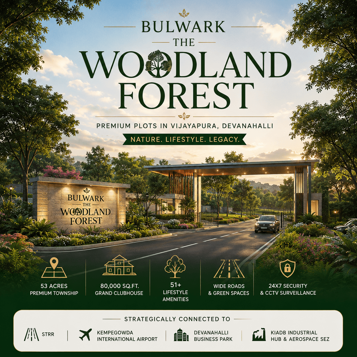 Bulwark The Woodland Forest premium plotted township entrance in Vijayapura Devanahalli North Bangalore with landscaped roads, green surroundings and modern infrastructure