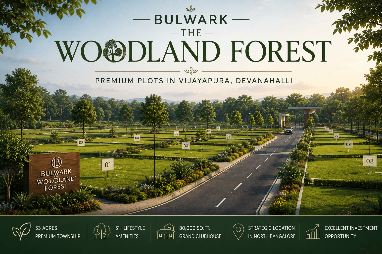 Bulwark The Woodland Forest premium residential plots in Vijayapura Devanahalli featuring plotted development, wide roads, green open spaces and township layout