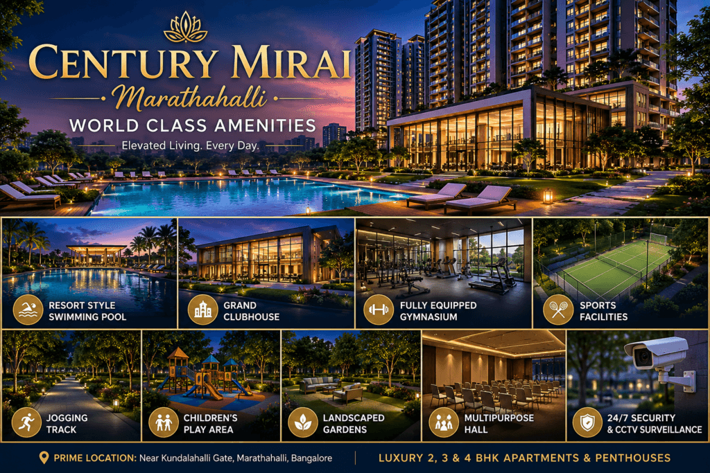 Century Mirai Marathahalli world class amenities including swimming pool, clubhouse, gymnasium, landscaped gardens, sports courts, children's play area, and security features