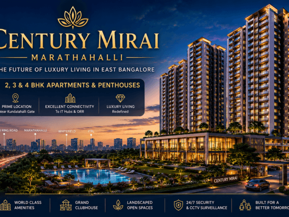 Century Mirai Marathahalli luxury apartment towers with premium amenities, landscaped gardens, clubhouse, and swimming pool in East Bangalore