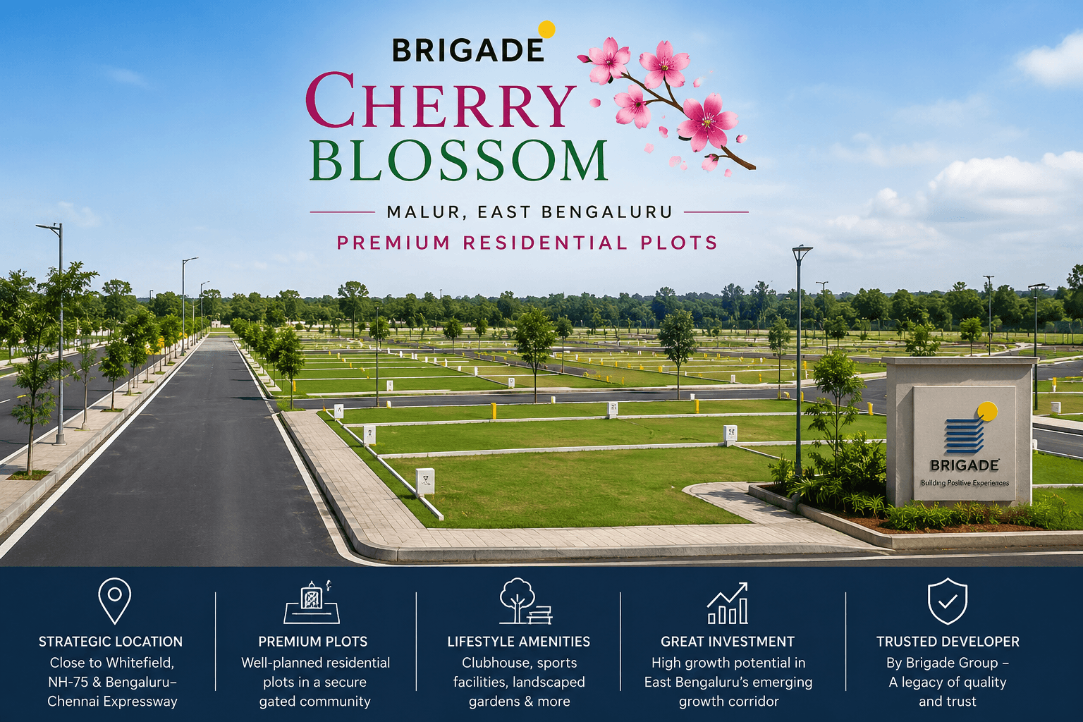 Brigade Cherry Blossom premium residential plots in Malur East Bengaluru with wide roads landscaped infrastructure and gated community