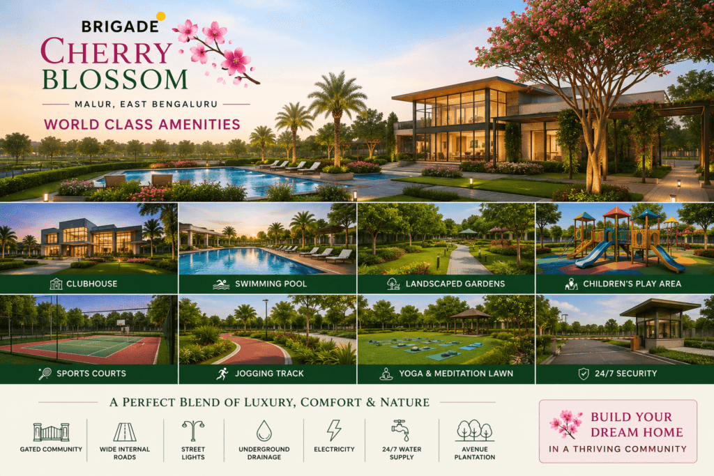 Brigade Cherry Blossom world class amenities including clubhouse swimming pool landscaped gardens sports courts and children's play area