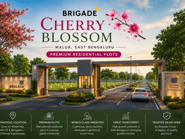 Brigade Cherry Blossom Malur premium residential plots gated community entrance with landscaped roads and green surroundings in East Bengaluru