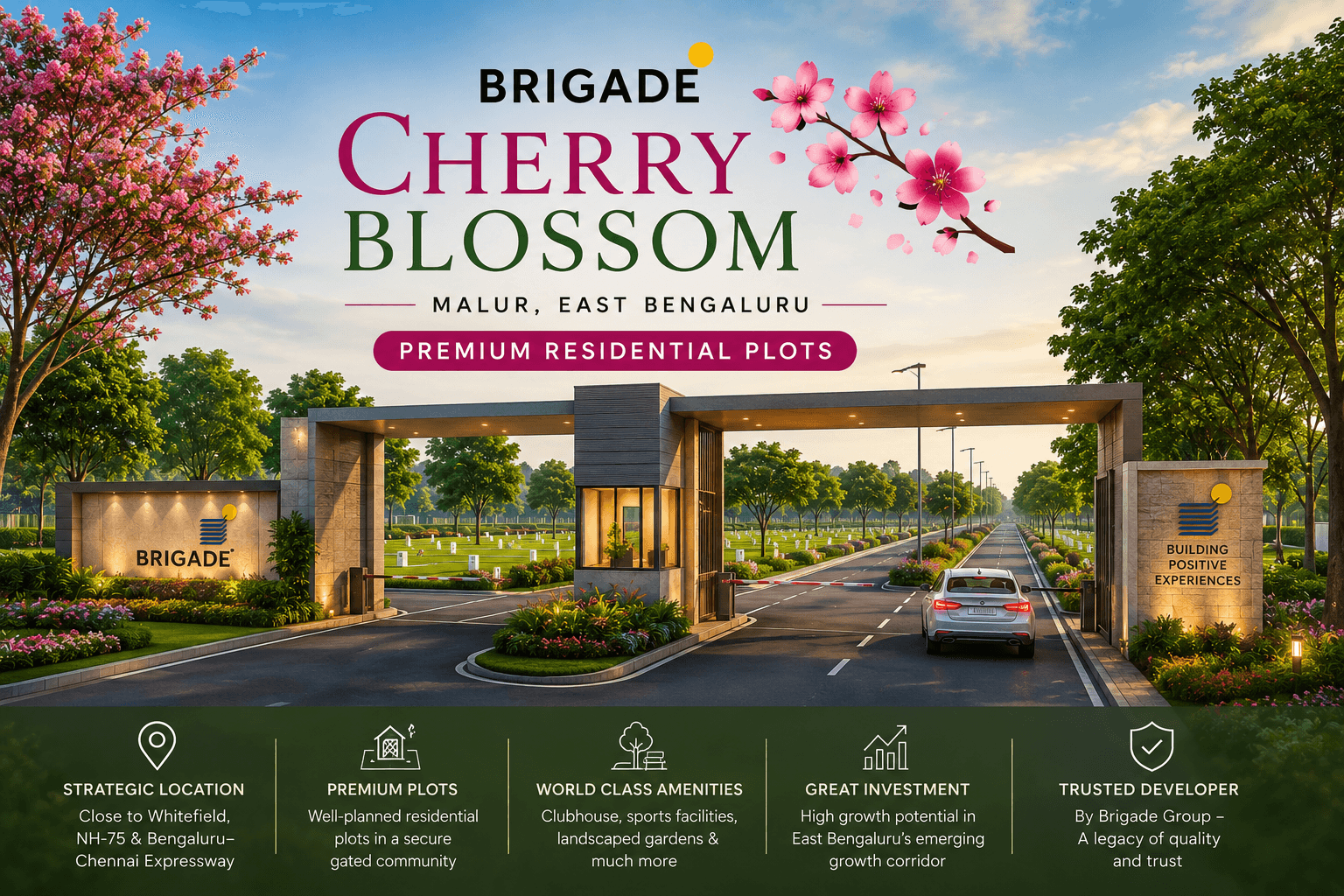 Brigade Cherry Blossom Malur premium residential plots gated community entrance with landscaped roads and green surroundings in East Bengaluru