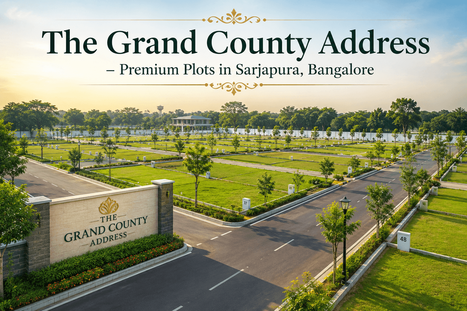 The Grand County Address premium plots in Sarjapura Bangalore showcasing well-planned residential plots, wide internal roads, green landscapes, and gated community infrastructure.