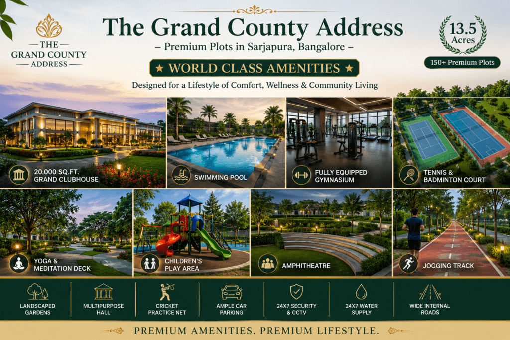 World-class amenities at The Grand County Address Sarjapura including clubhouse, swimming pool, gymnasium, sports courts, yoga deck, children's play area, and landscaped gardens.