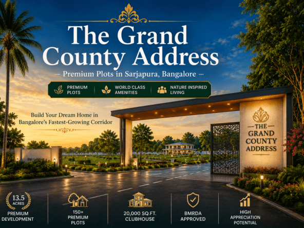 The Grand County Address premium plotted development in Sarjapura Bangalore featuring grand entrance, landscaped roads, clubhouse, and BMRDA-approved residential plots.