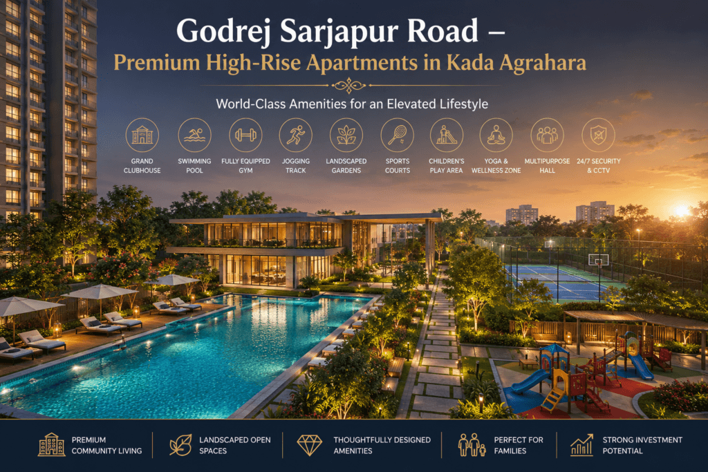 World-class amenities at Godrej Sarjapur Road including clubhouse, swimming pool, sports courts, landscaped gardens, children's play area, and wellness facilities in East Bangalore.
