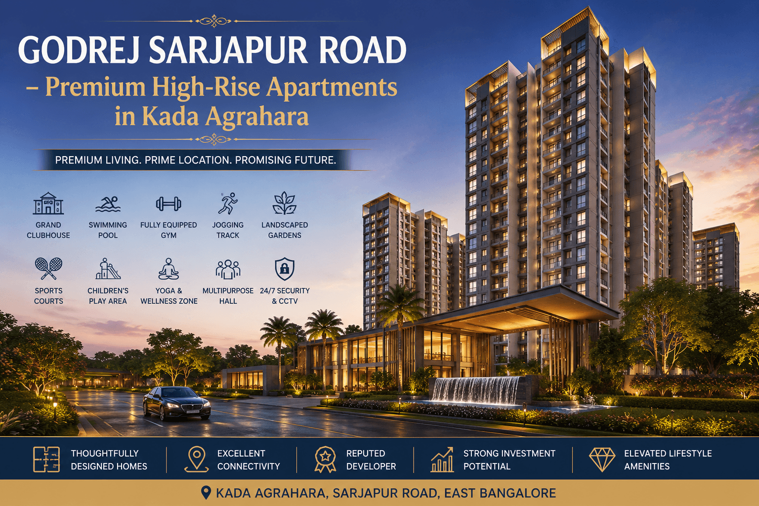 Godrej Sarjapur Road Premium High-Rise Apartments in Kada Agrahara featuring luxury residential towers, modern architecture, landscaped surroundings, and premium lifestyle amenities in East Bangalore.