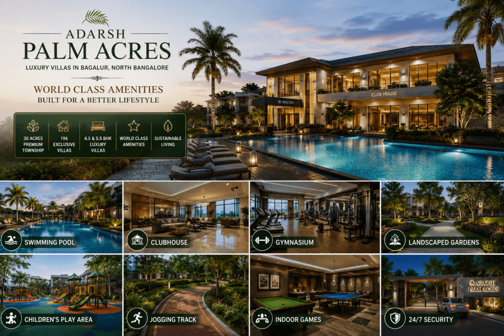 Adarsh Palm Acres Bagalur world-class amenities including clubhouse, swimming pool, gym, gardens and children's play area
