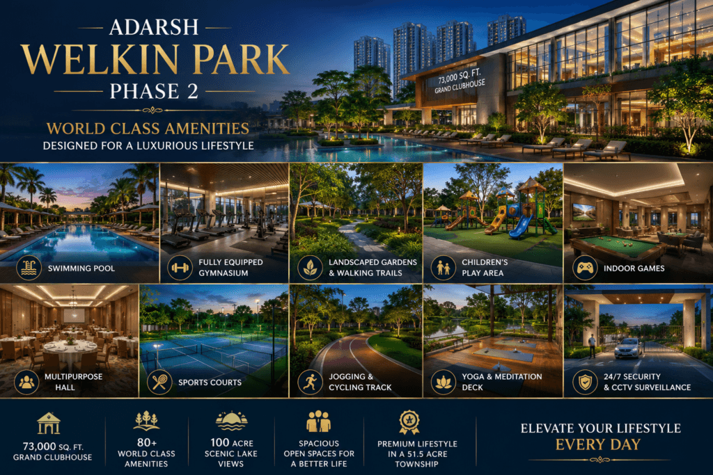 Adarsh Welkin Park Phase 2 world-class amenities including clubhouse, swimming pool, gym and landscaped gardens