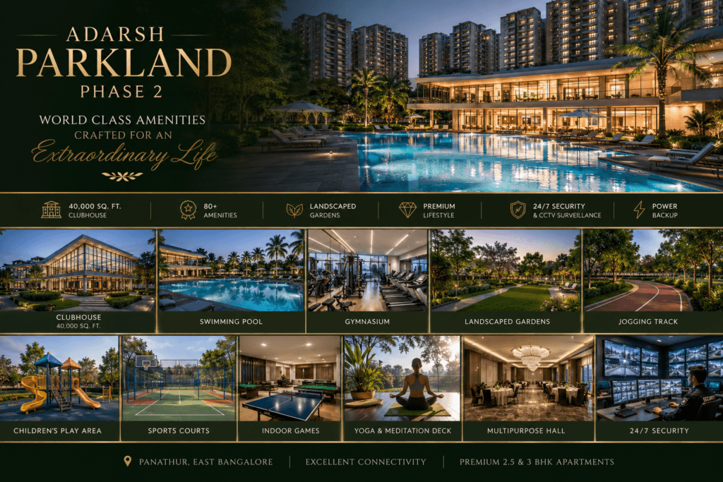 Adarsh Parkland Phase 2 amenities including clubhouse, swimming pool, gym, landscaped gardens, and sports facilities in Panathur