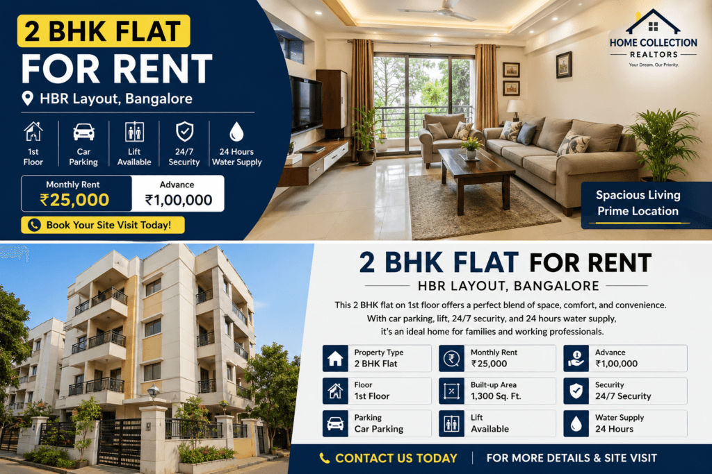 2 BHK Flat for Rent in HBR Layout