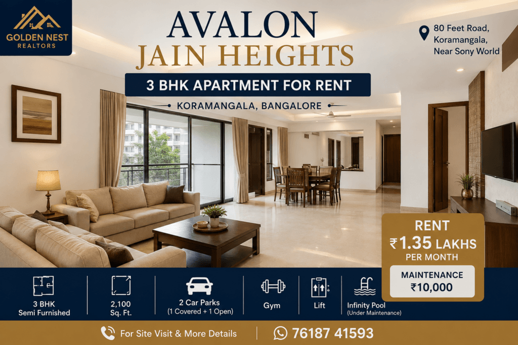 Avalon Jain Heights 3 BHK semi-furnished apartment for rent in Koramangala, Bangalore with 2,100 sq. ft., premium amenities, and two car parking spaces.