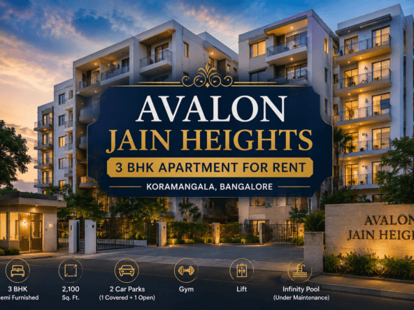 Avalon Jain Heights 3 BHK apartment for rent in Koramangala, Bangalore – premium residential apartment with 2,100 sq. ft., semi-furnished interiors, gym, lift, and two car parking spaces.