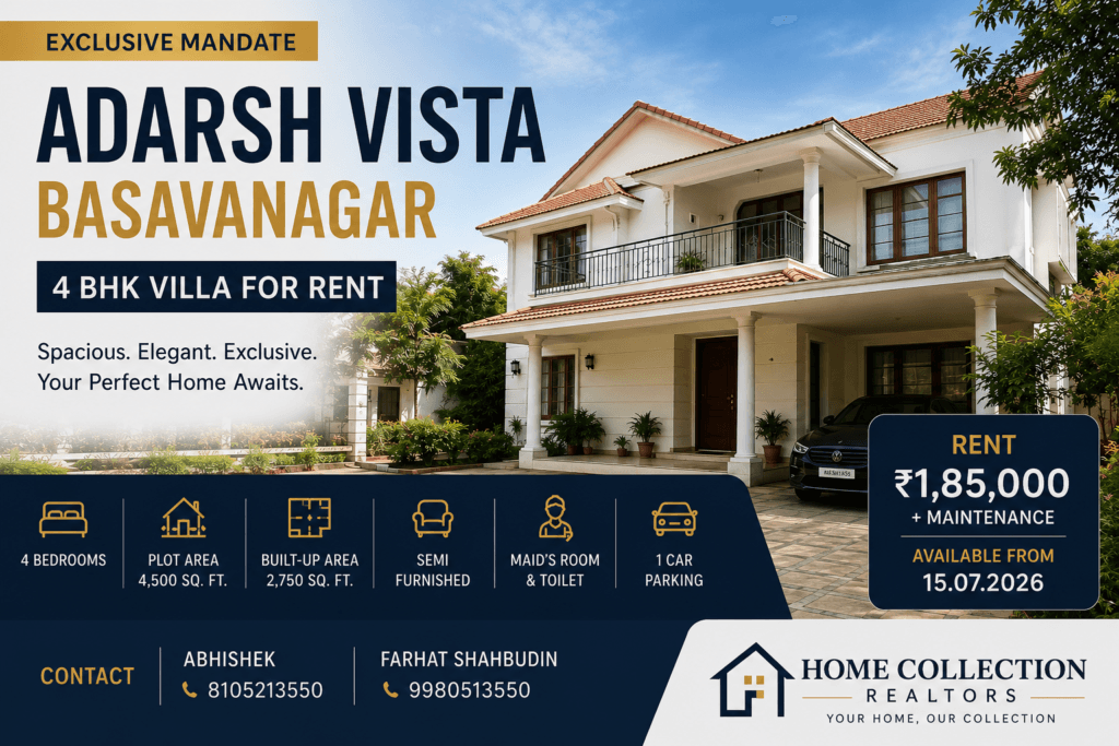 Adarsh Vista Basavanagar 4 BHK semi furnished villa for rent with Home Collection Realtors